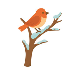 Cute winter bird sitting on a snowy branch illustrated in soft flat style for seasonal decorative designs.