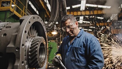 Industrial Mechanic Assembling a Large Metal Gear in a Busy Workshop.
