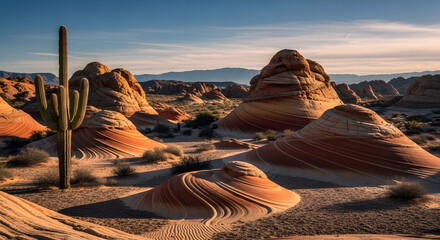 Sunlight illuminates unique sandstone formations and a cactus in a desert landscape at sunrise, showcasing natural beauty