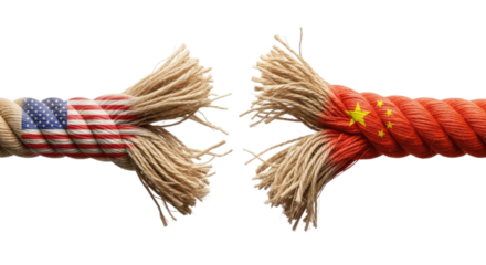Frayed Rope with US and China Flags Isolated on Transparent PNG Background