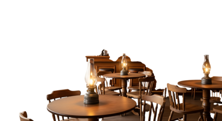 Vintage wooden tables and chairs with oil lamps isolated on transparent background