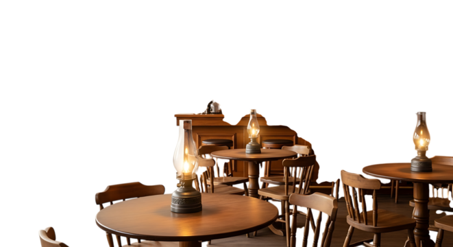 Vintage wooden tables and chairs with oil lamps isolated on transparent background