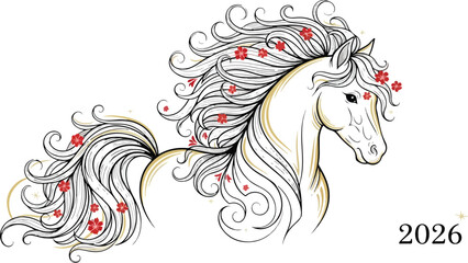 Ornamental horse illustration with floral accents year 2026 in bottomright