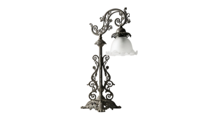 Ornate vintage table lamp with white glass shade isolated on transparent background