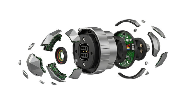 Electric motor components exploded view isolated on transparent background