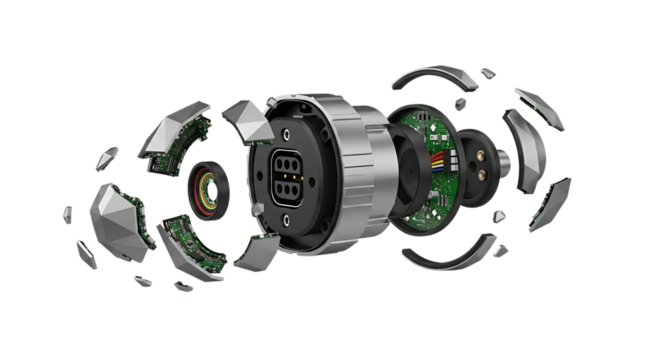 Electric motor components exploded view isolated on transparent background