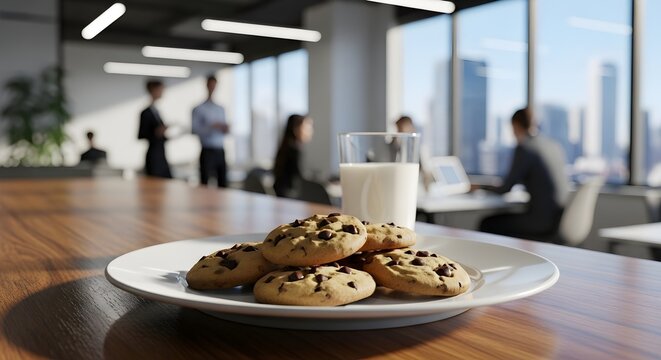 Chocolate Chip Cookies with Milk in Office Setting with City View