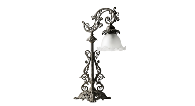 Ornate vintage table lamp with white glass shade isolated on transparent background - Powered by Adobe