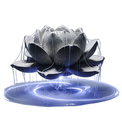 A mystical metallic lotus flower with water droplets, suspended above a vibrant blue energy ripple, isolated on transparent background