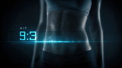 HIIT Timer Display With Digital Graphic Overlay for Calorie Burning Close-Up Near Abdomen During Workout Session