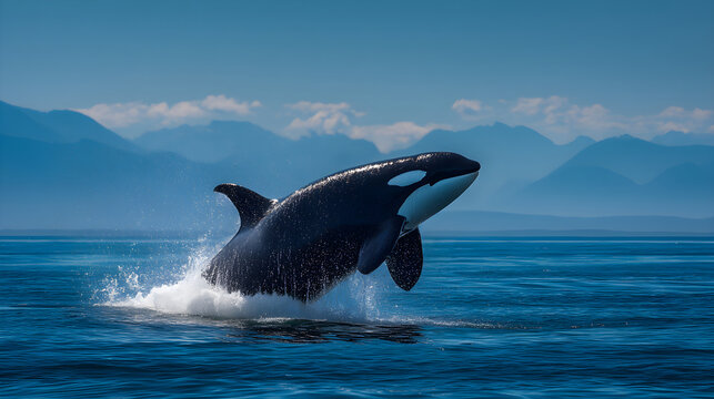 Orca killer whale breaching ocean water off mountains