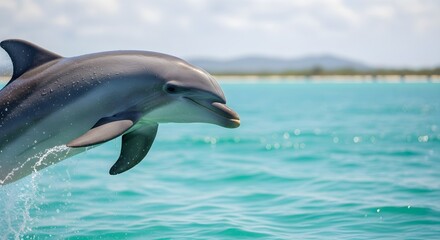Naklejka premium Dolphin Leaping out of the Turquoise Water on a Sunny Day at the Beach