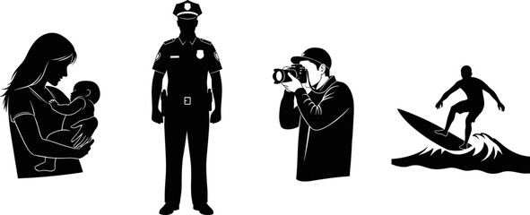 Silhouette illustration of caregiving, law enforcement, photography, and surfing activities, black and white vector, lifestyle and profession concept art