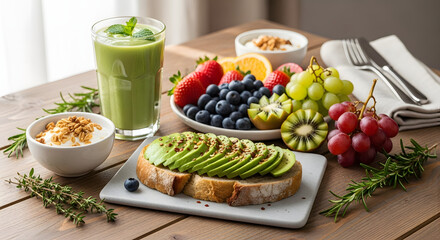 Healthy breakfast spread featuring avocado toast, fresh fruit, yogurt, and a green smoothie on a wooden table