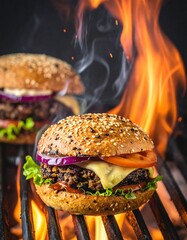 Close-up of two grilled burgers on a flaming grill