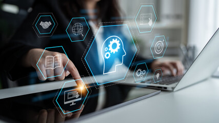 Head with gear and icons representing learning, digital training, and development process, showing skill growth for human or AI systems through knowledge or task optimization Latch