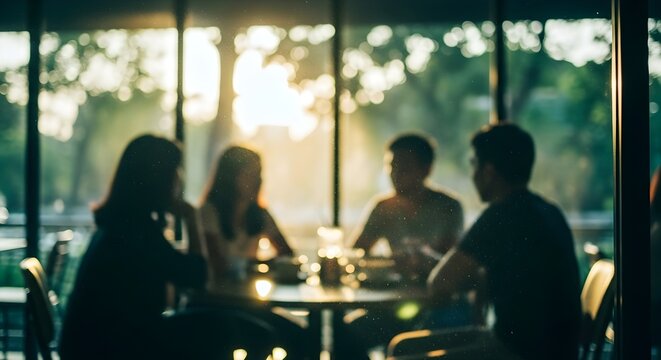 Friends Enjoying Conversation And Coffee At An Outdoor Cafe On A Sunny Day