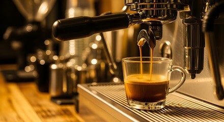 Espresso Shot Pulling from a Professional Machine into a Glass Cup