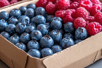 Fresh blueberries and raspberries in recyclable box