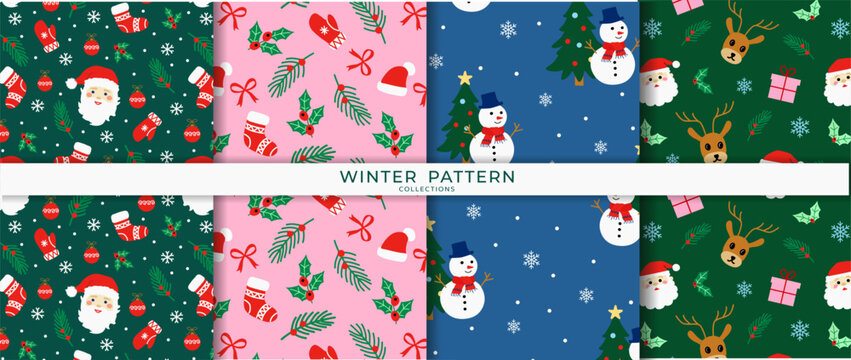 Set of festive seamless patterns for winter holidays. Christmas wrapping paper design with Santa, snowman, reindeer, gifts, holly, mittens. Cute cartoon background for textile, print, packaging.