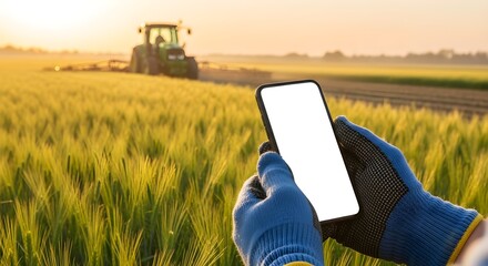 Smartphone Displaying Blank Screen with Tractor in the Agricultural Field at Sunset