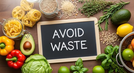 Avoid Waste Message Surrounded by Fresh Produce and Staple Foods