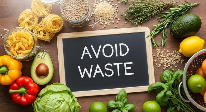 Avoid Waste Message Surrounded by Fresh Produce and Staple Foods