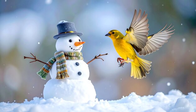 A snowman with a hat & scarf looks at a yellow bird with outstretched wings in a snowy outdoor scene
