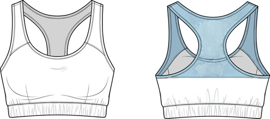 “Vector sports bra front and back technical fashion illustration showing racerback design, stitching details, elastic hem, and breathable mesh panels”