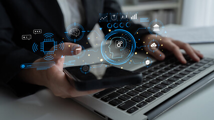 An advanced AI system for business and financial analysis. A futuristic interface for commanding an AI to process data from various domains. Motif