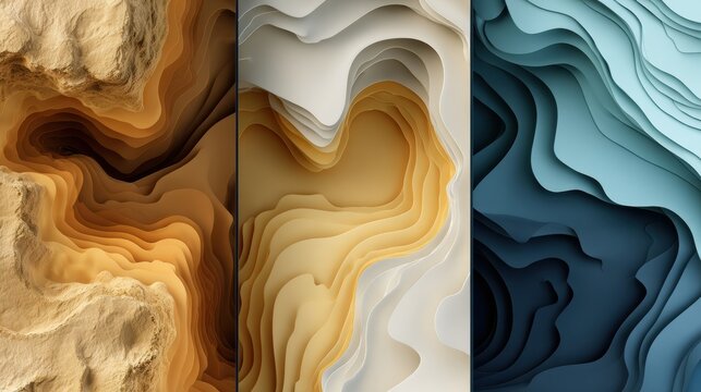 Detailed Layers of Abstract Topography Showcasing Warm and Cool Tones in a Stylized Three-Panel Design, Capturing the Beauty of Natural Formations