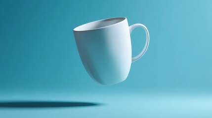 floating ceramic mug isolated in mid-air, clean minimal studio background, soft cinematic light reflections on glossy ceramic surface, smooth porcelain texture, realistic shadows below