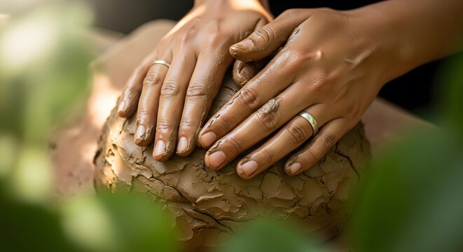 Closeup of hands shaping clay, showcasing the artistry and skill involved in pottery making, with a focus on the texture and form of the material