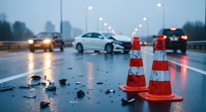 Car Accident on a Wet Road with Orange Traffic Cones and Vehicle Damage