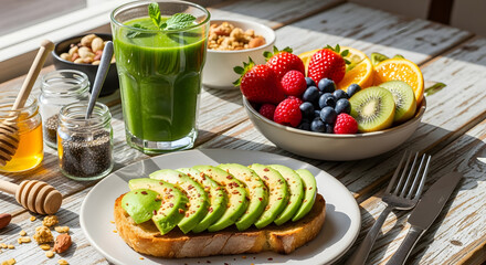 Delicious avocado toast with fresh fruits, granola, and a healthy green smoothie, perfect for a nutritious breakfast or brunch