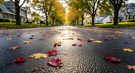 Autumn Leaves Scattered on Street with Residential Houses and Trees in Background