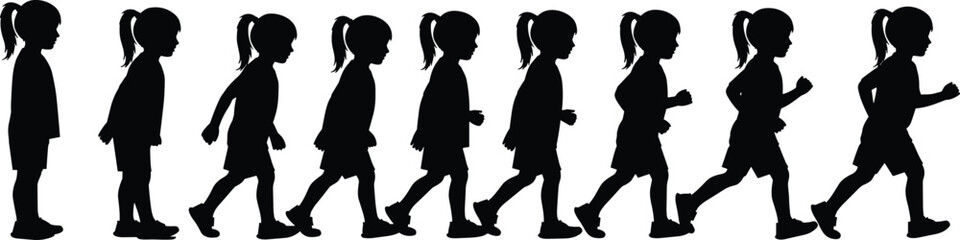 Girl running motion silhouette sequence, ponytail, standing to running transition, black on white, biomechanics icon