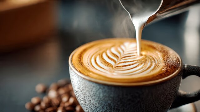 Latte art creation by skilled barista in warm, inviting coffee environment