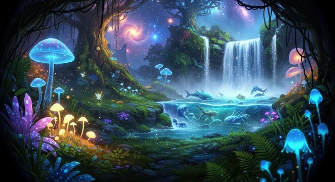 Enchanted luminous forest landscape featuring bioluminescent flora mystical wildlife and a