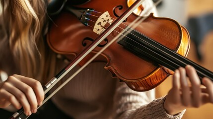 Fototapeta premium Close-up of woman's hands playing violin.