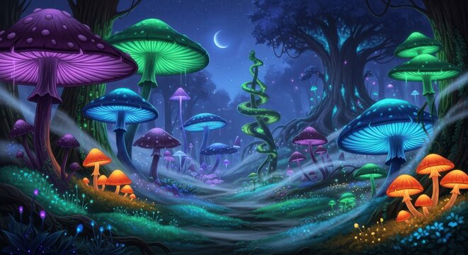 Enchanted mushroom forest under the moonlight with surreal colorful bioluminescence mushrooms