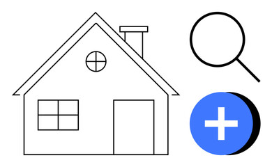 Real estate concept. Real estate search with a house icon, magnifying glass, and plus symbol. Real estate trends, property analysis, housing market, online searches, mobile apps