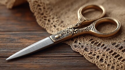 Elegant tailoring action designer cutting lace fabric with scissors closeup view in a crafting environment