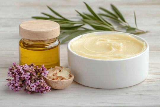 Luxury skincare products with shea butter and essential oils