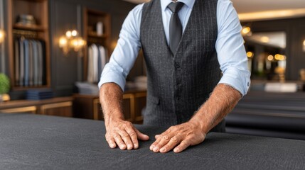 Elegance in tailoring designer cutting and sewing silk cloth fashion studio closeup view craftsmanship and precision