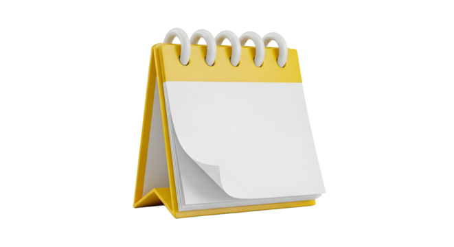 Yellow and white desk calendar on white background ideal for office, scheduling, planning, organization, time management, productivity concepts.