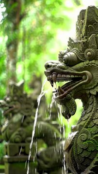 Ancient grey balinese naga head statue, water streaming from mouth, mossy textures, lush tropical foliage bokeh, blurred temple. meditative serenity concept