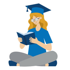 Pretty student girl in glasses cartoon character reading a book on white background