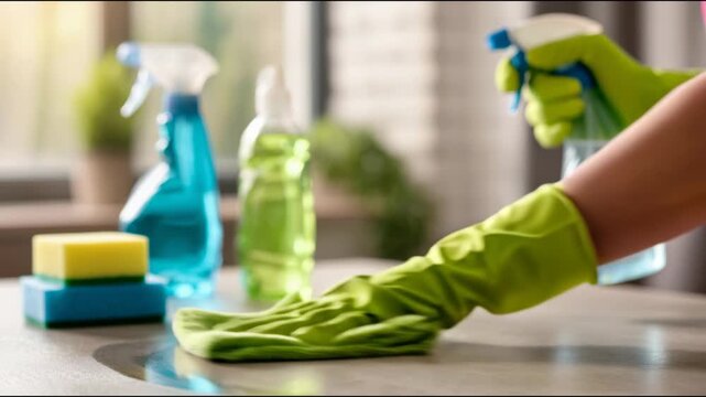 Professional cleaner woman spraying detergent and wiping a domestic surface with a microfiber cloth