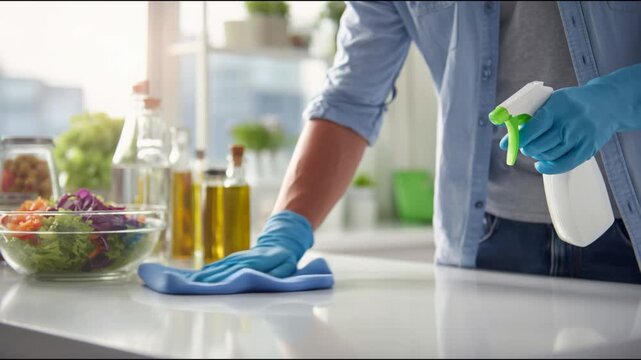 Housekeeper wiping a kitchen table with a cloth and detergent spray for sanitizing and disinfection